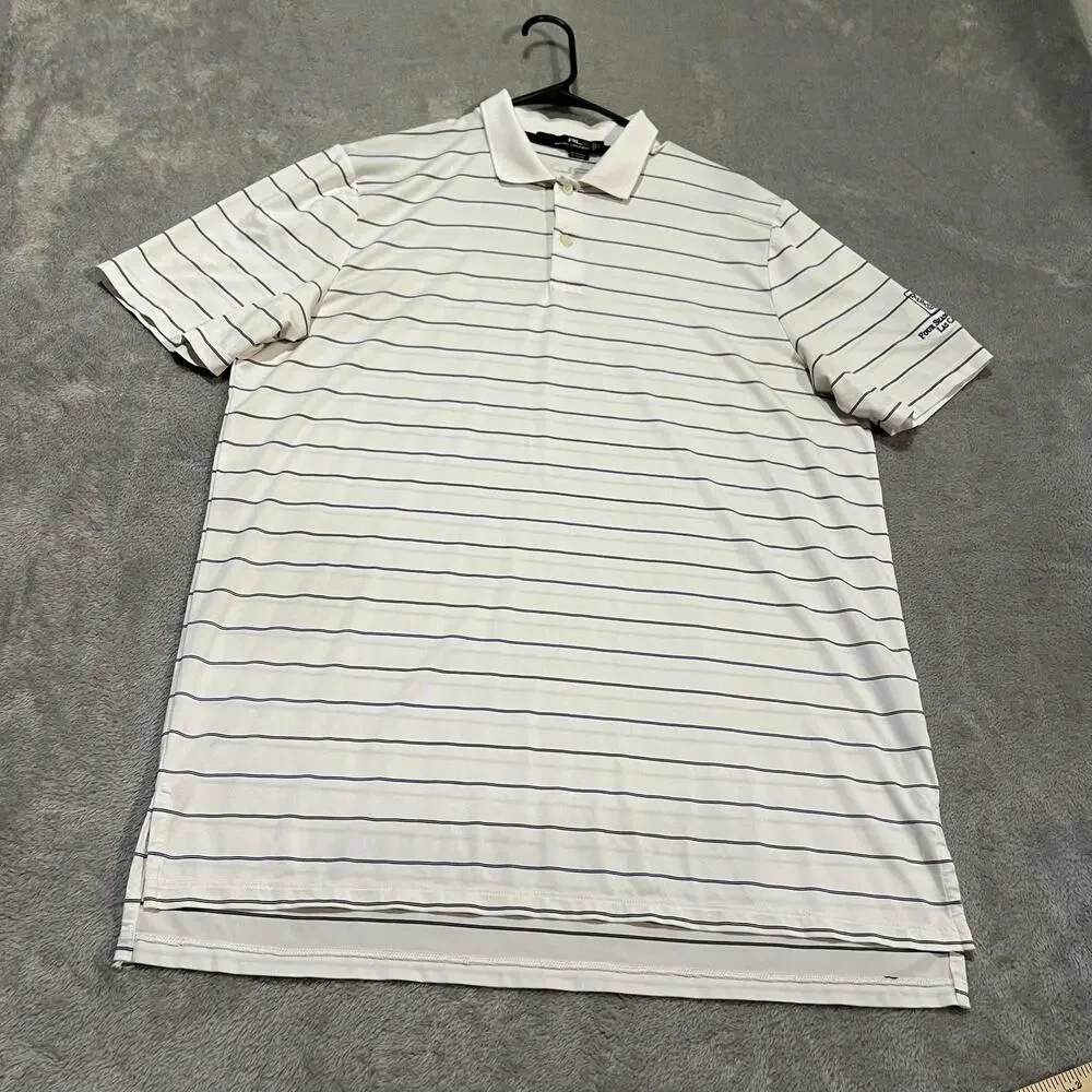 RLX Ralph Lauren Polo Shirt Mens Large White Blue Stripe Golf TPC Four Seasons